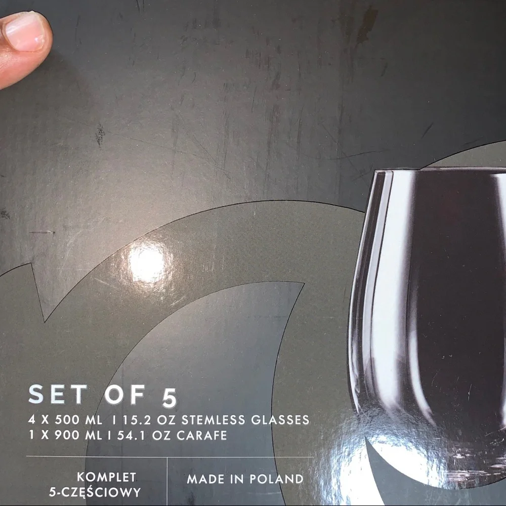 Krosno 5 Piece Glass Carafe Set | Decanter + 4 Stemless Wine Glasses